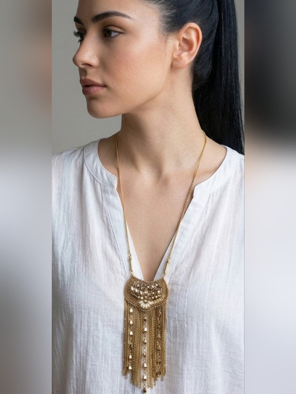 Stella & Dot Analena Pendant Sparkle Fringe Statement Necklace • Gold
